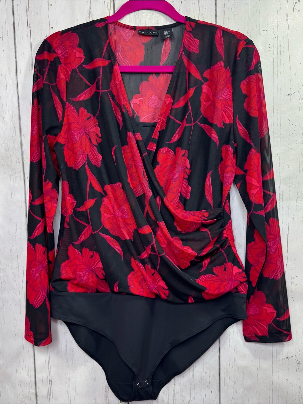 Tahari Black Red Floral Mesh Bodysuit XL Surplice Romantic Date Night Feminine